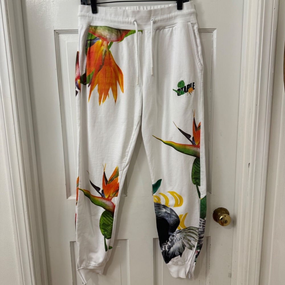 Staple Pigeon Sweatpants Mens M White Cotton AOP Tropical Bird of Paradise Skate